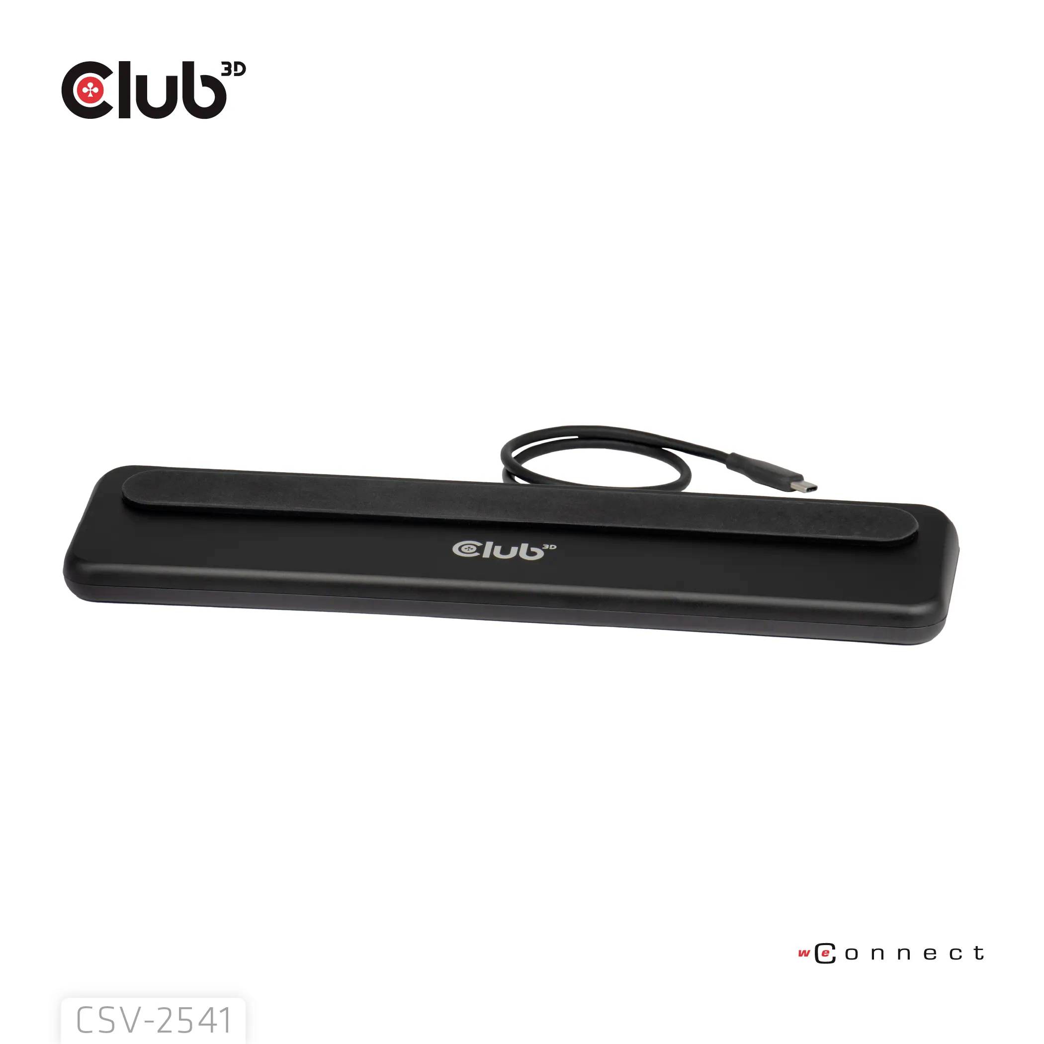 Eine schwarze Dockingstation mit einem USB-C-Kabel und dem 'Club3D'-Logo auf der Oberseite. Die Modellnummer CSV-2541 ist unten links abgebildet.