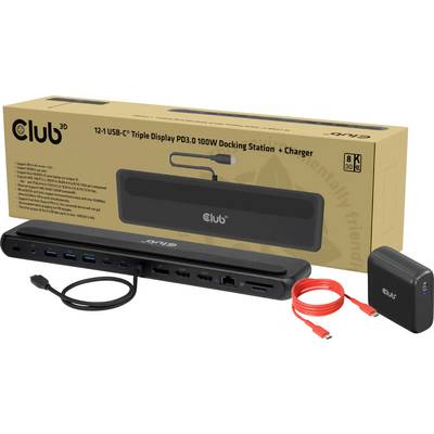 Docking-Station-Kit enthält einen USB-C-Hub, rotes USB-C-Kabel und Netzteil. Verpackung hebt Merkmale wie ‚Triple Display' und ‚100W-Ladegerät' hervor.