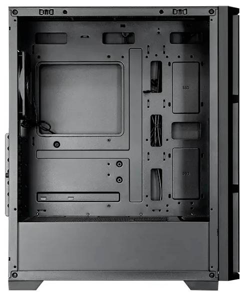 Computergehäuse mit leerem Innenraum, der Befestigungsbereiche für Motherboard, Netzteil, Speicherlaufwerke und Kühlventilatoren zeigt.