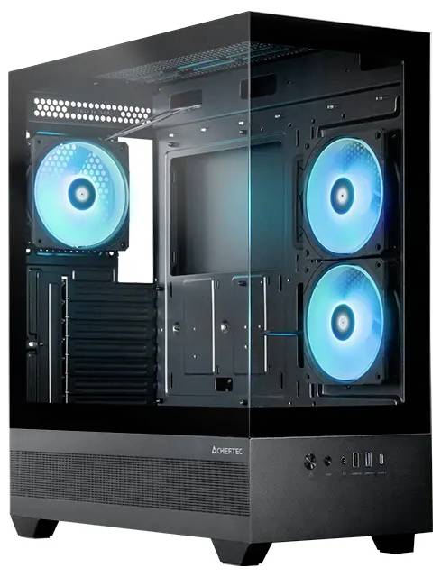 Ein schwarzes Computergehäuse mit blauen LED-Lüftern, transparenter Seitenscheibe und Frontplatte mit Einblick auf den Powerbutton und USB-Anschlüsse.
