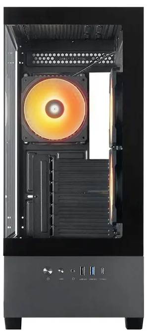 Ein schwarzes Computer-Tower-Gehäuse mit abgenommenem Seitenpanel, das einen internen orangefarbenen LED-Lüfter und mehrere Erweiterungsslots offenlegt.