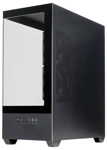 Ein schwarzes Computer-Tower-Gehäuse mit einer transparenten Seitenscheibe und nach vorne gerichteten USB-Anschlüssen.