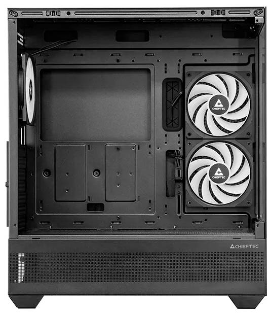 Ein schwarzes Computer-Gehäuseinnenleben mit zwei weißen Lüftern auf der rechten Seite; ausreichend Platz für Komponenten, was auf einen Hochleistungs-Aufbau hindeutet.