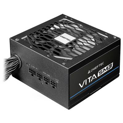 Ein schwarzes Chietec VITA SM3 Netzteil mit seitlichen Lüftungsschlitzen und Kabelanschlüssen wird präsentiert, entwickelt für Computerintegration und Effizienz.