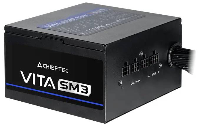 Eine schwarze Chieftec VITA SM3 Netzteil-Einheit mit mehreren Anschlüssen, konzipiert für eine effiziente Stromverteilung in Computersystemen.