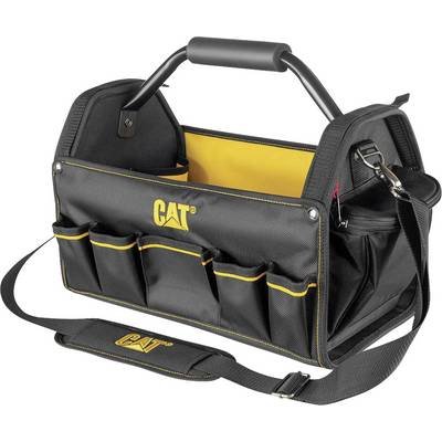 Öffne schwarze und gelbe Werkzeugtasche mit Griff, mehreren externen Taschen und verstellbarem Schultergurt.