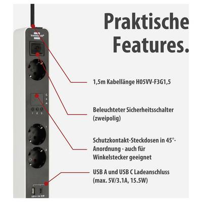 Steckdosenleiste mit 1,5 m Kabel, beleuchtetem Sicherheitsschalter, drei Schutzkontakt-Steckdosen, USB-A- und USB-C-Ladeanschlüssen; rechts die Überschrift 'Praktische Features.'<br>