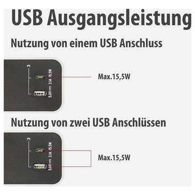 Infografik zur USB-Ausgangsleistung: Ein USB-Anschluss liefert max. 15,5 W; bei Nutzung von zwei USB-Anschlüssen ebenfalls max. 15,5 W.