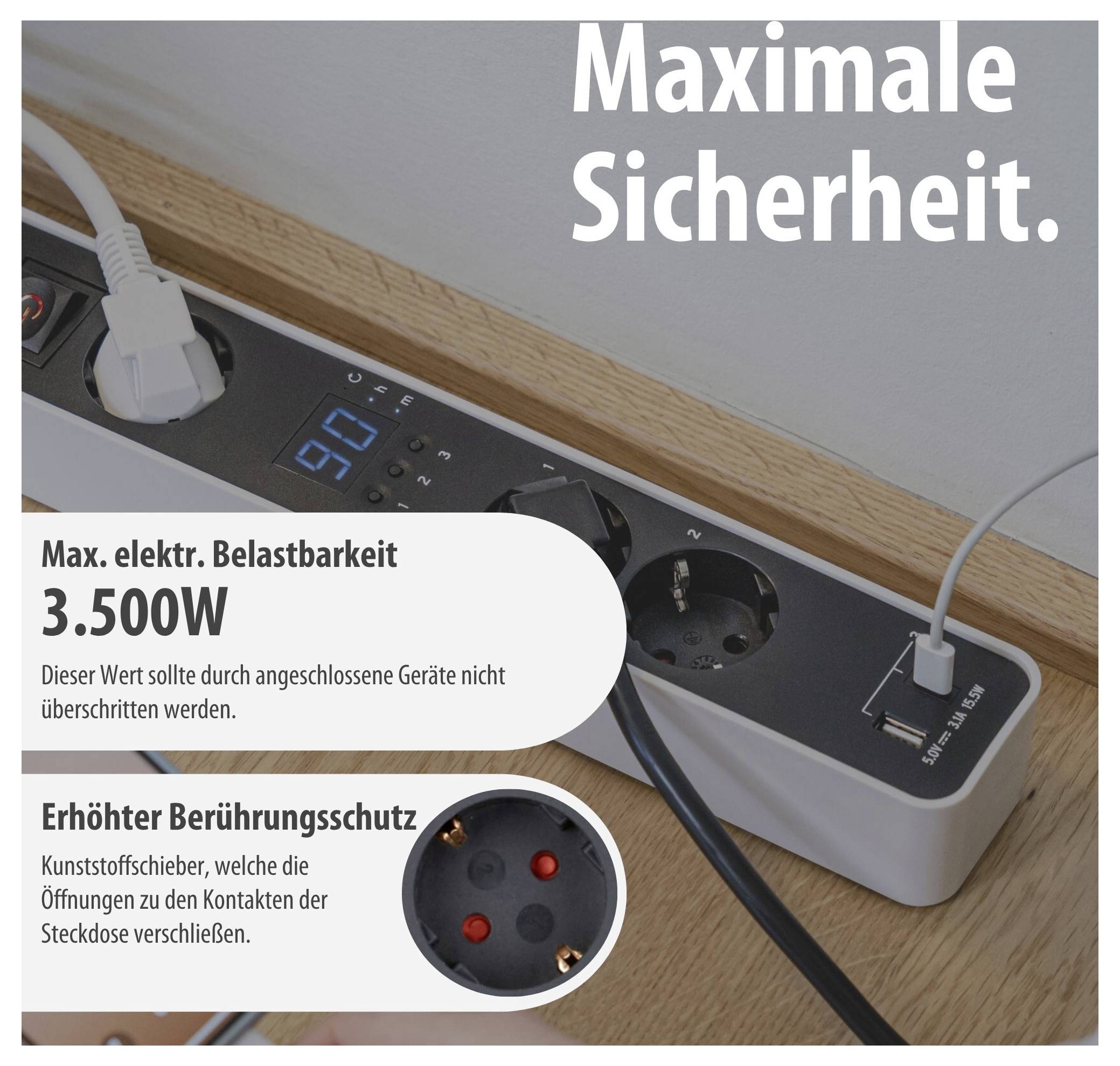 Mehrfachsteckdose mit 'Maximale Sicherheit'; 3.500W maximale elektrische Belastbarkeit und erhöhter Berührungsschutz durch Kunststoffschieber.<br>