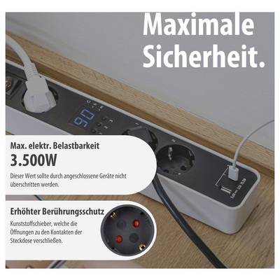 Mehrfachsteckdose mit 'Maximale Sicherheit'; 3.500W maximale elektrische Belastbarkeit und erhöhter Berührungsschutz durch Kunststoffschieber.<br>
