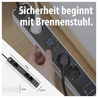 Werbeanzeige für eine Brennenstuhl-Steckdosenleiste mit Display; Text 'Sicherheit beginnt mit Brennenstuhl.' und Maßangaben zu Größe.