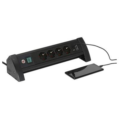 Schwarze Desktop-Steckdosenleiste mit vier Steckdosen, einem Stromschalter und angeschlossenem USB-Ladepad auf der rechten Seite.