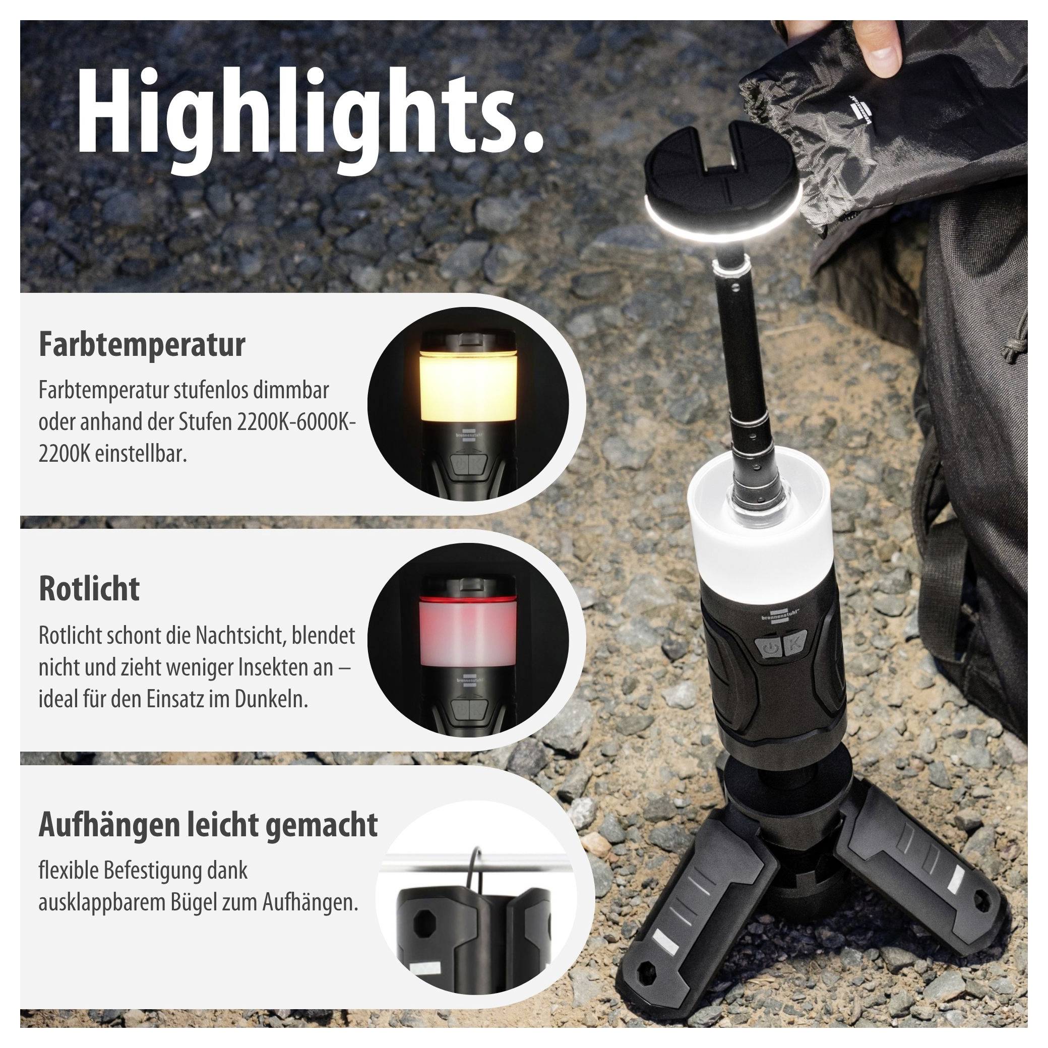 Produkt-Highlights einer Campinglampe: einstellbare Farbtemperatur 2200K–6000K, Rotlicht für die Nacht, leichtes Aufhängen mit ausklappbarem Bügel.<br>