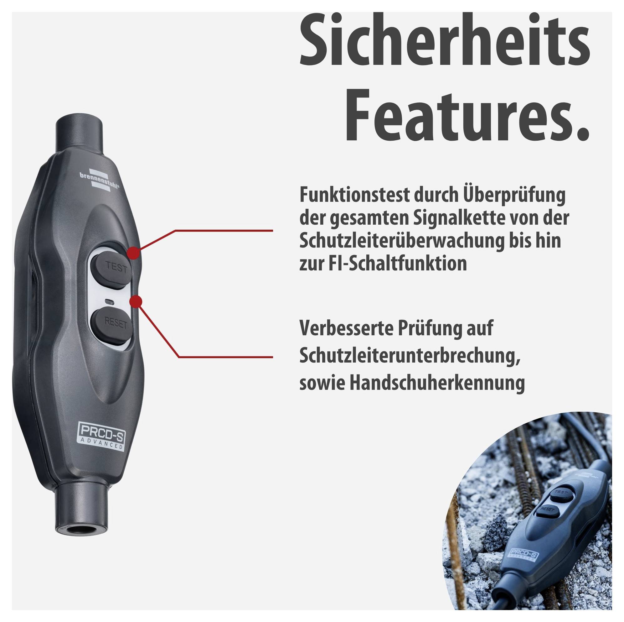 Anzeige eines Prüfgeräts mit Überschrift 'Sicherheits Features.'; hervorgehoben werden Funktionstest der Schutzleiterüberwachung bis zur FI-Schaltfunktion sowie verbesserte Prüfung auf Schutzleiterunterbrechung und Handschuherkennung.