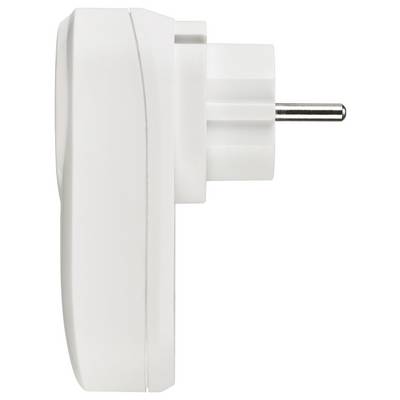 Weißer Steckeradapter mit einem einzelnen Metallstift auf einem weißen Hintergrund, in Seitenansicht dargestellt.