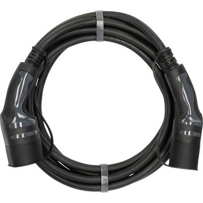 Schwarzes Elektrofahrzeug-Ladekabel mit Steckern an beiden Enden, aufgerollt und mit Bändern auf weißem Hintergrund gesichert.