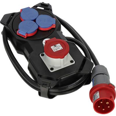 Tragbare elektrische Stromverteilungsbox mit mehreren blauen und roten Steckdosen und einem roten Industriestecker an einem Kabel angebracht.