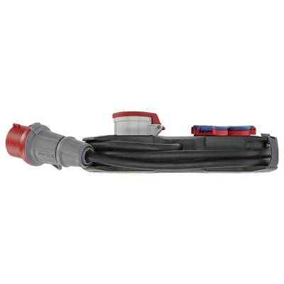 Schwarzes aufgerolltes Kabel mit roten und grauen Industriesteckverbindern an beiden Enden, gezeigt auf weißem Hintergrund.