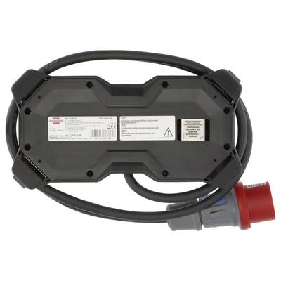 Rückansicht einer tragbaren Ladevorrichtung für Elektrofahrzeuge mit angeschlossenem dickem schwarzem Kabel und rot-grauem Stecker auf weißem Hintergrund.