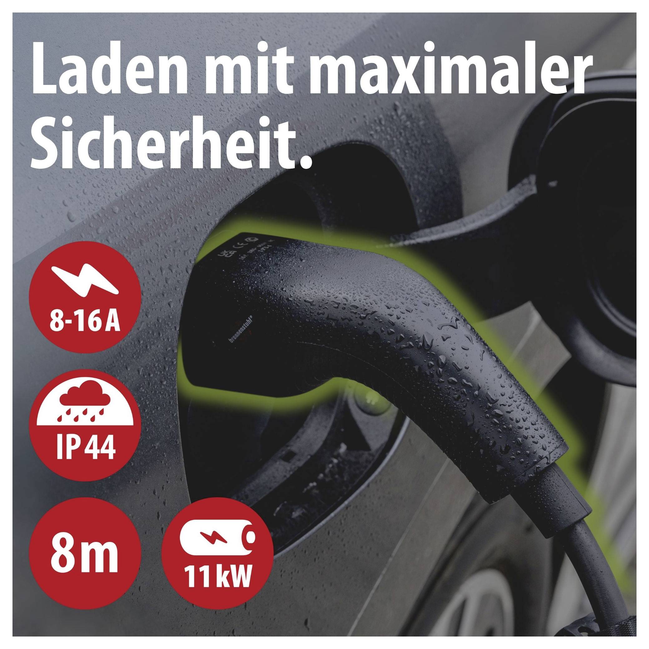 E-Auto wird an einer Ladestation geladen; Text: 'Laden mit maximaler Sicherheit.' sowie 8-16A, IP44, 8 m, 11 kW.