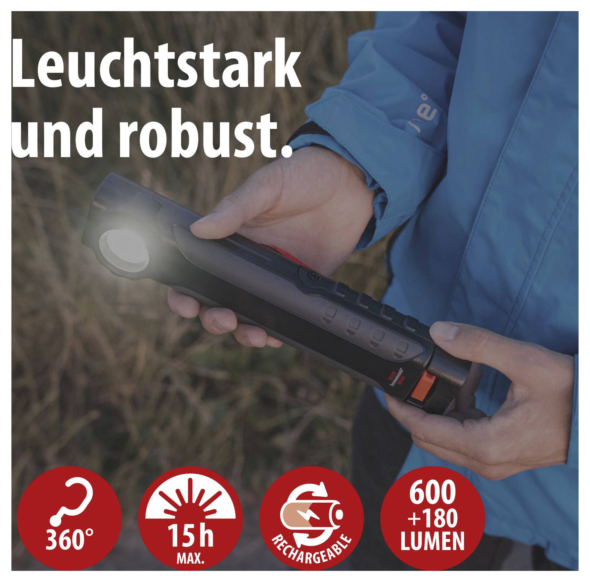 Person hält eine schwarze Taschenlampe im Freien; Text: 'Leuchtstark und robust.' sowie Symbole für 360°, 15 h max., wiederaufladbar und 600 + 180 Lumen.