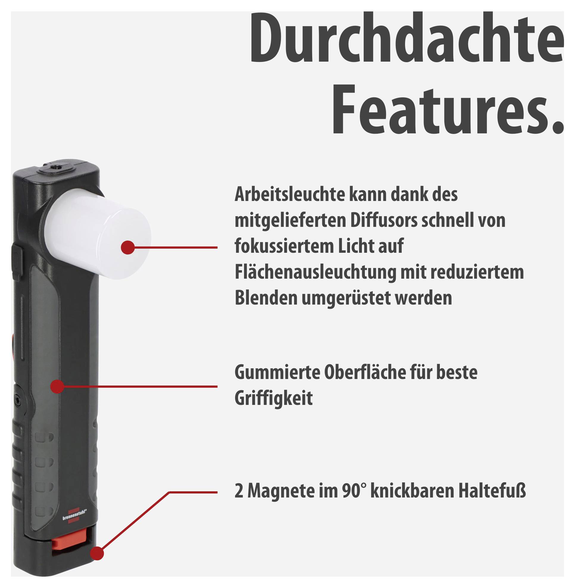 Werbegrafik einer Arbeitsleuchte mit drei Merkmalen: Diffusor für Flächenlicht, gummierte Oberfläche für besseren Halt und 2 Magnete im 90°-knickbaren Haltefuß.