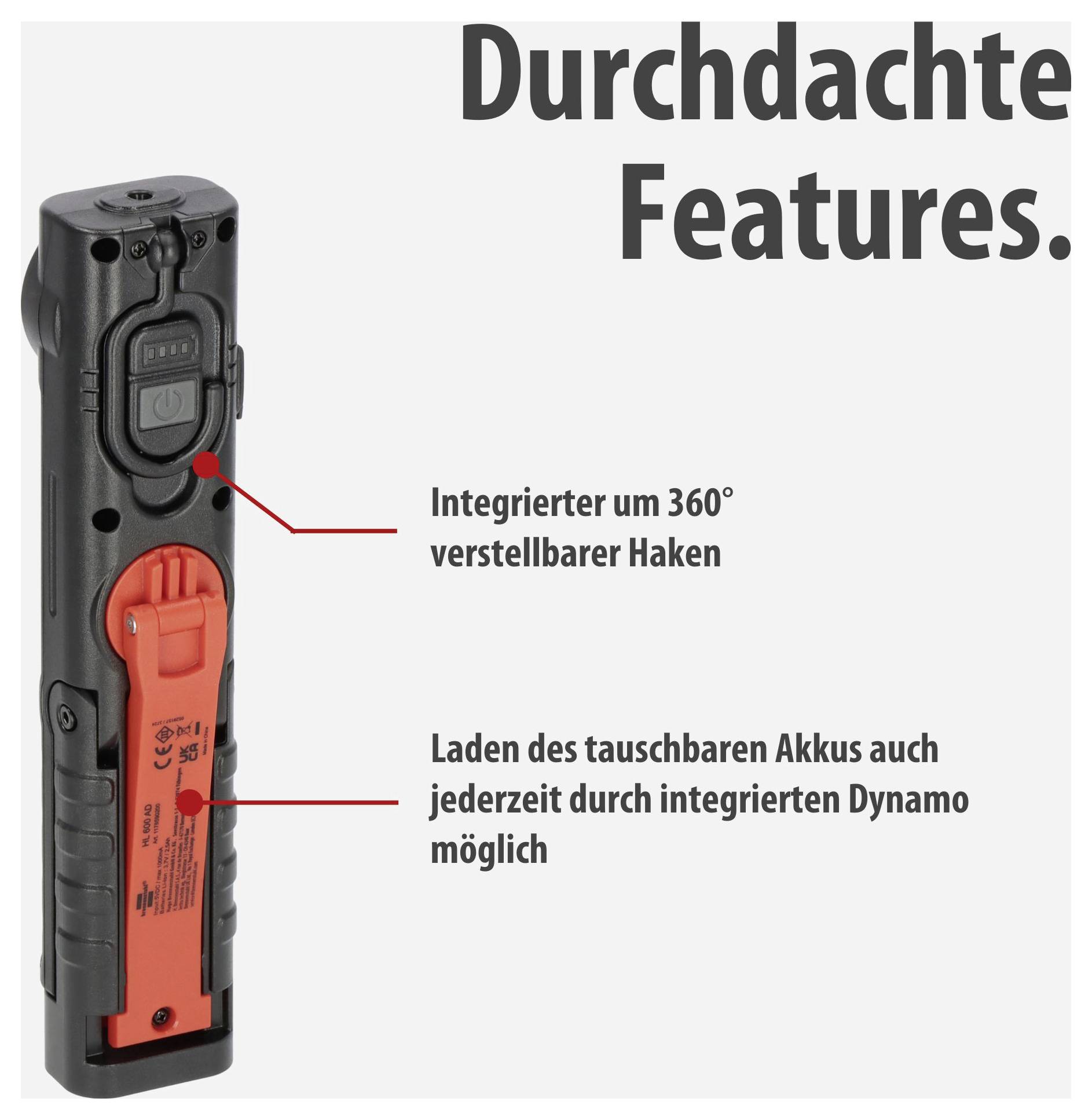 Werbegrafik mit einer Arbeitslampe/Akkulampe und dem Titel 'Durchdachte Features': 360° verstellbarer Haken und Akku kann per integriertem Dynamo geladen werden.