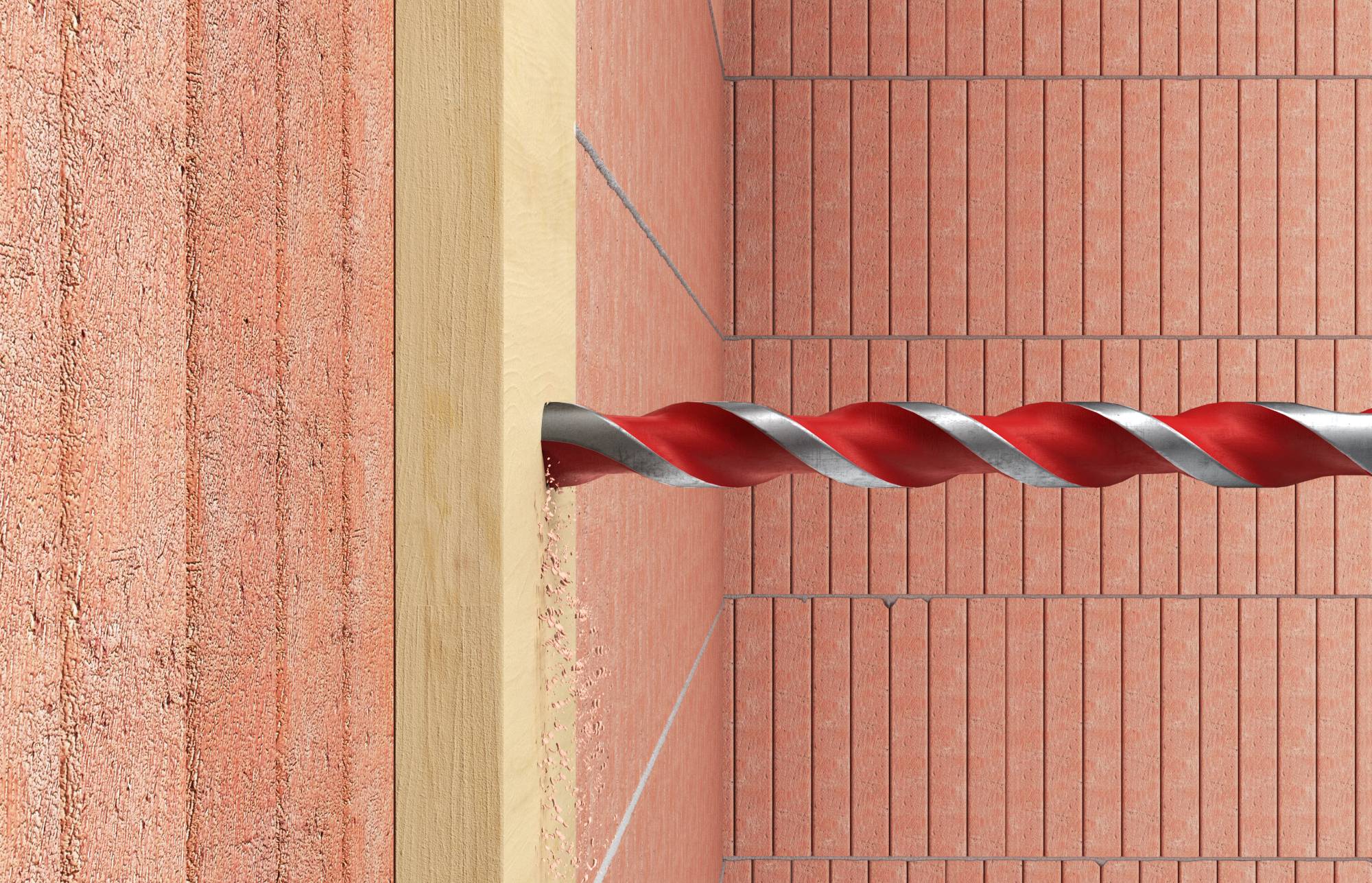 Rot und silber gestreiftes Kabel oder Stab verläuft durch eine Wandöffnung zwischen einer strukturierten Stuckoberfläche und einer Ziegelmauer.