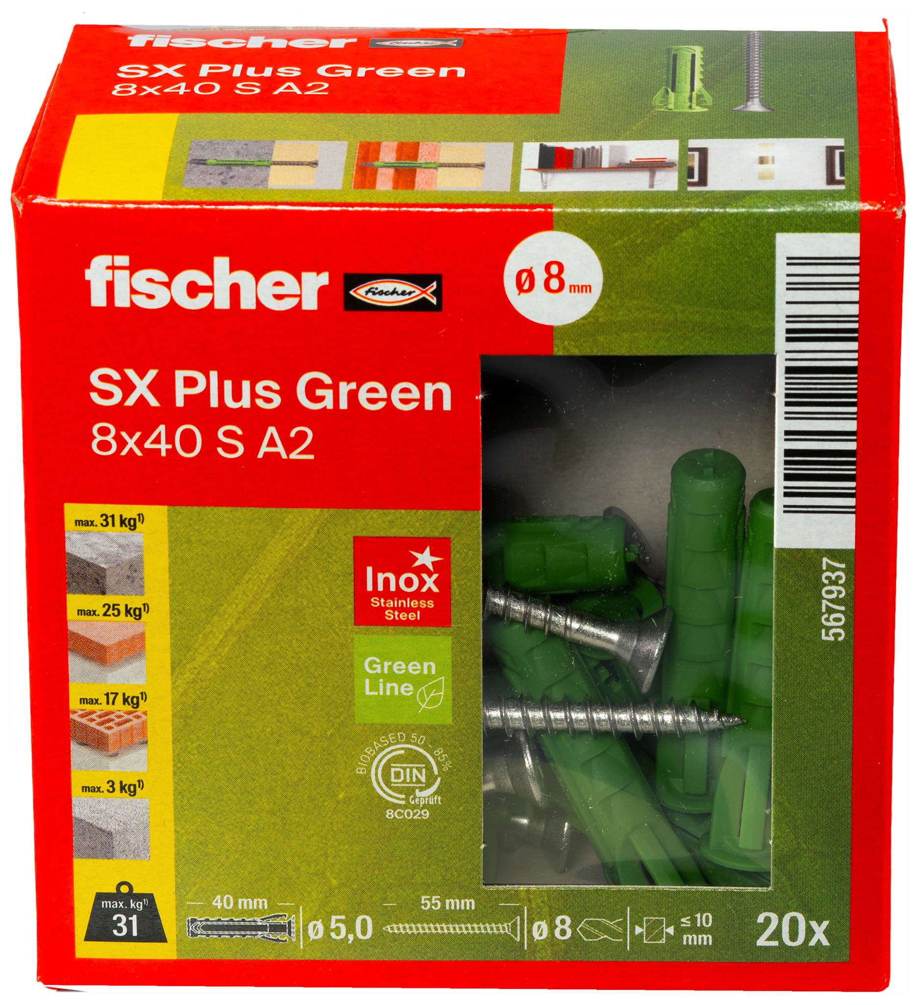 Red Fischer SX Plus Green 8x40 S A2 Ankerset mit grünen Kunststoffdübeln und Schrauben, gekennzeichnet als 8 mm, 20 Stück.