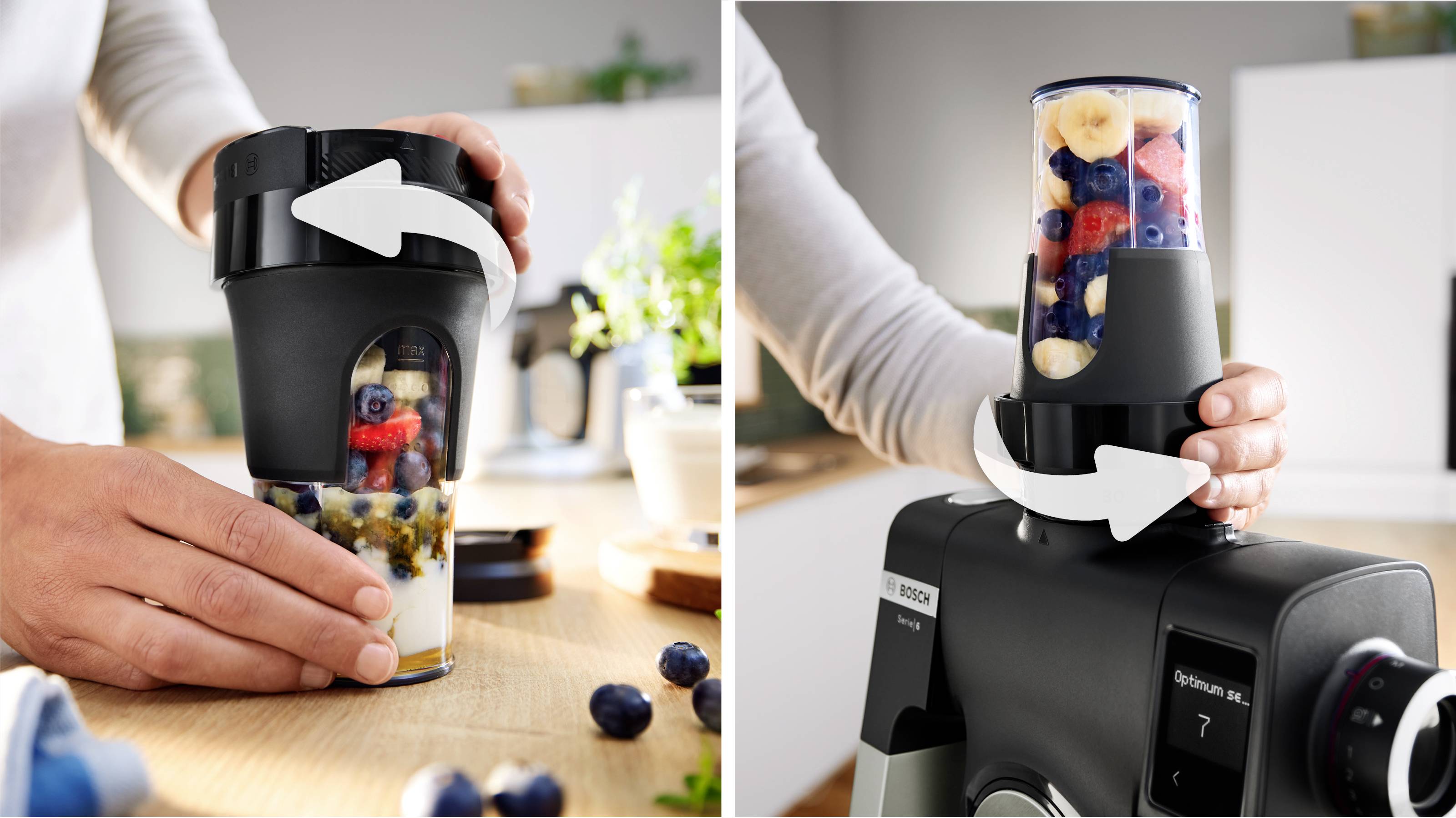 Ein zweiteiliges Bild, das eine Person zeigt, die einen mit Früchten und Joghurt gefüllten Becher auf eine Blenderbasis montiert, was den Mixvorgang andeutet.