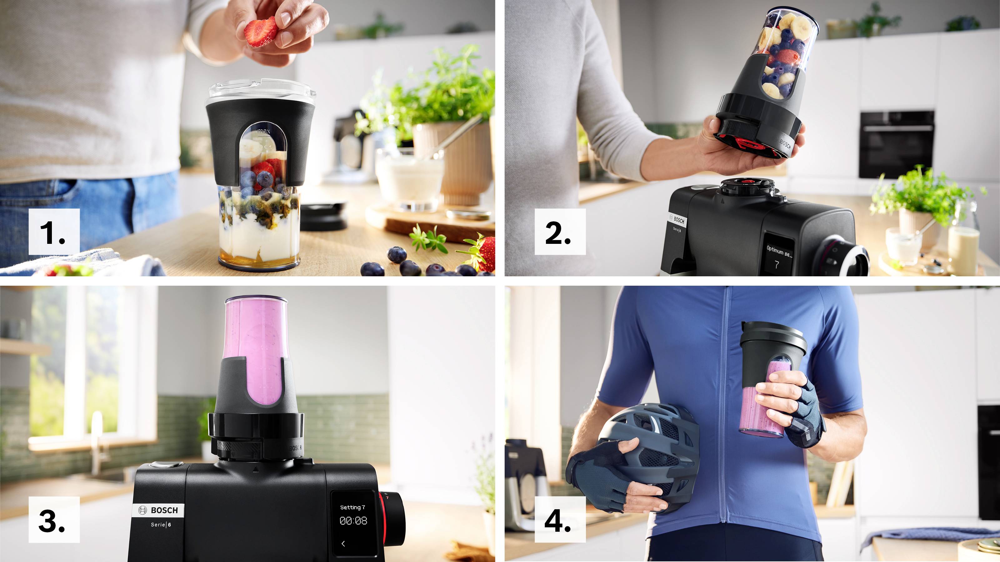Vier-Schritte-Smoothie-Zubereitungsprozess: 1. Zutaten werden in den Mixer gegeben. 2. Mixer wird zum Mixen eingestellt. 3. Smoothie wird zu einer rosa Flüssigkeit püriert. 4. Person hält Smoothie und Fahrradhelm.