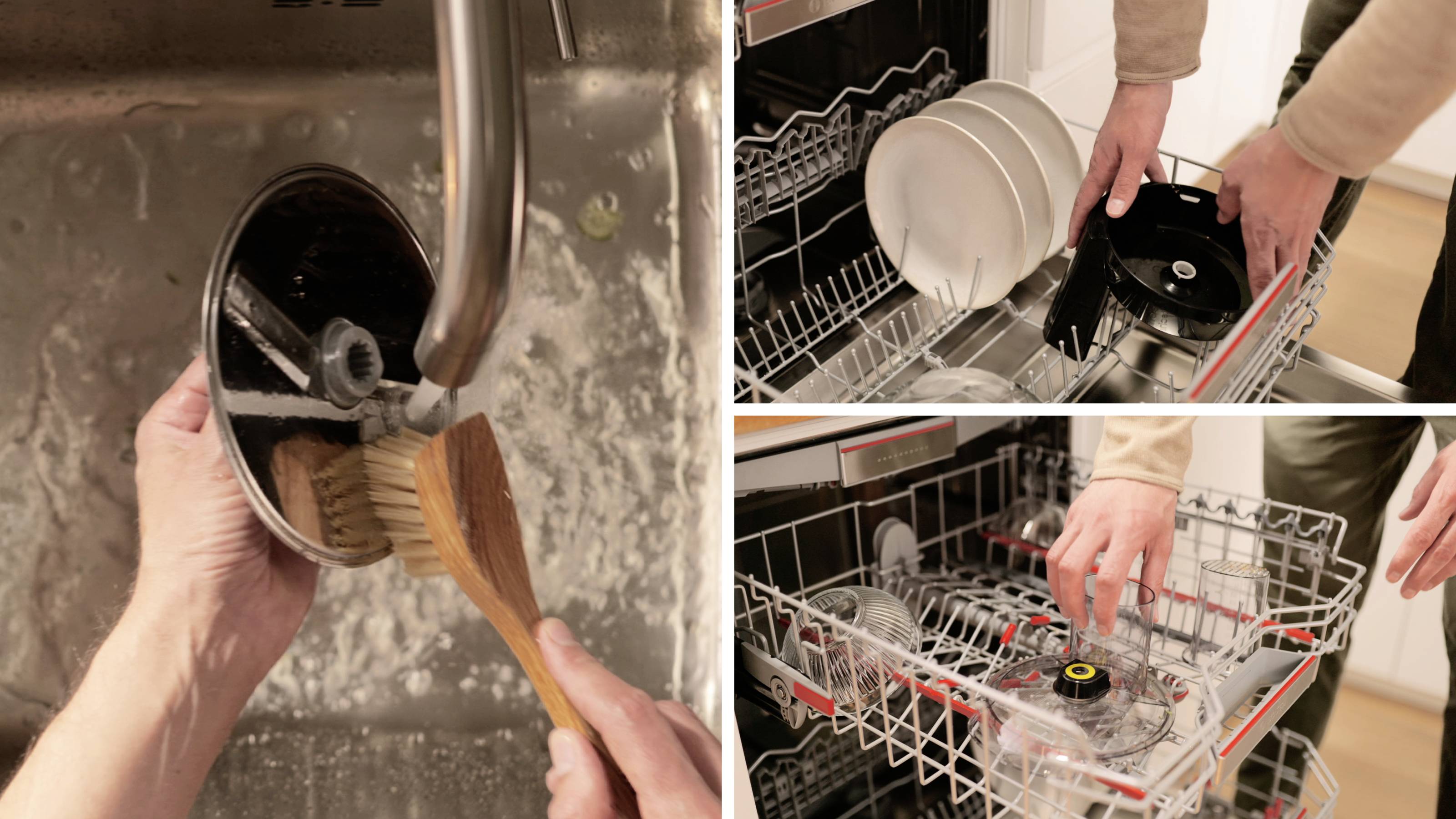 Zwei Bilder zur Geschirrspülszene: eines, das eine Person zeigt, die einen Topf von Hand abwäscht, und ein anderes, auf dem Geschirr und Kochutensilien in eine Spülmaschine eingeräumt werden.