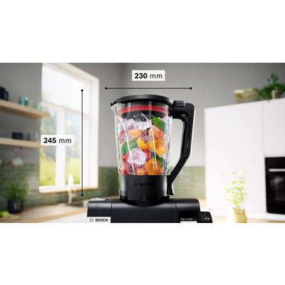 Das Bild zeigt einen Bosch-Standmixer, gefüllt mit Gemüse, der auf einer Küchenarbeitsplatte steht. Die Abmessungen von 230 mm Breite und 245 mm Höhe sind markiert.
