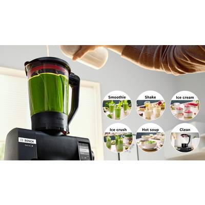Ein Bosch-Mixer bereitet einen grünen Smoothie zu. Kreisförmige Einblendungen zeigen verschiedene Funktionen: Smoothie, Shake, Eiscreme, Eiscrushen, Heißer Suppe, Reinigen.