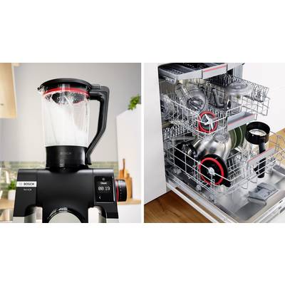 Zwei Bilder: Links ist ein Bosch-Mixer zu sehen, der Zutaten vermischt. Rechts sind Mixer-Teile, mit einem roten Kreis markiert, beim Spülen in der Geschirrspülmaschine.