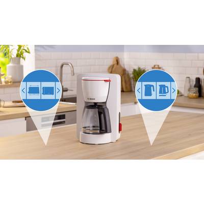 Kaffeemaschine auf einer Küchenarbeitsplatte mit Symbolen, die verschiedene Brühmodi anzeigen. Die Küche verfügt über Holzarbeitsflächen, eine weiße Rückwand und Pflanzen.