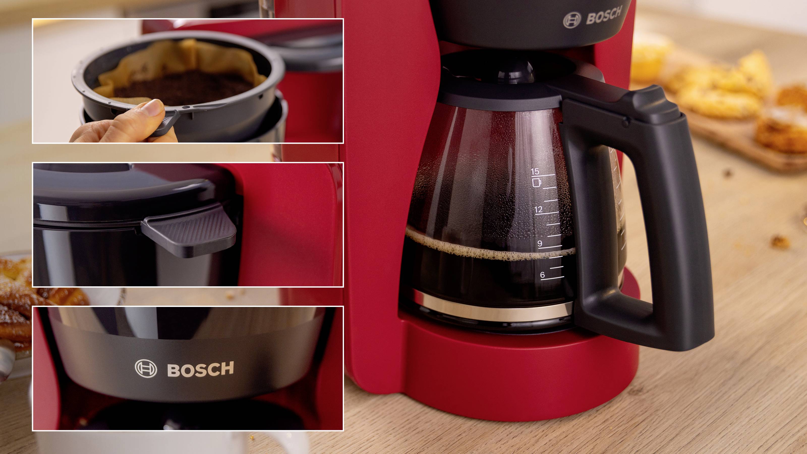 Roter Bosch-Kaffeemaschine mit halbvoller Glaskanne steht auf einer Küchenarbeitsfläche. Eingesetzte Bilder zeigen Kaffeepulver im Filter und eine Nahaufnahme des Wasserstands-Anzeigers.