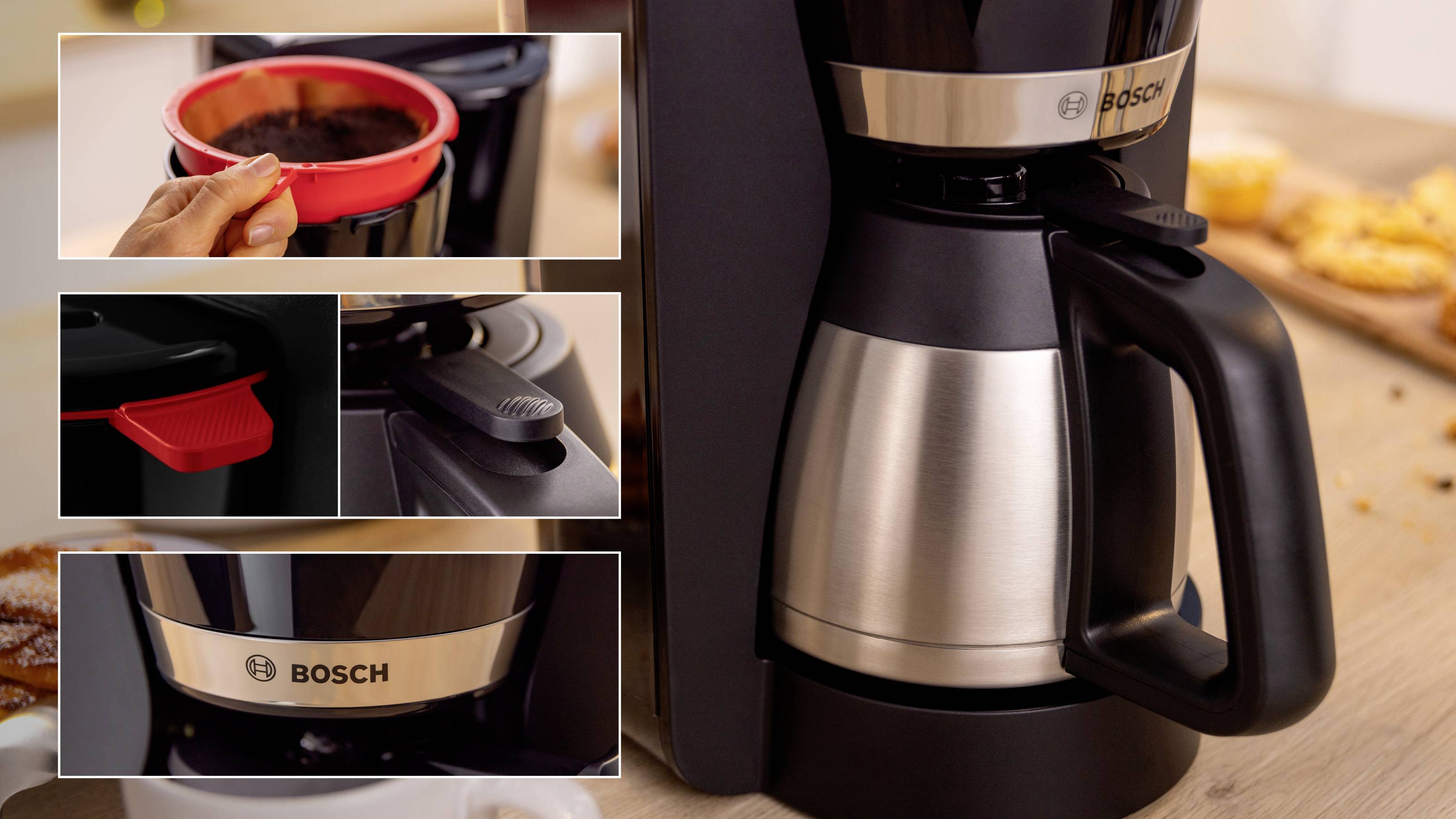 Kaffeemaschine von 'Bosch' mit Glaskanne. Einblendungen zeigen eine Hand, die einen Filter einlegt, einen roten Hebel zum Tropfstopp und eine Nahaufnahme des Markenlogos.