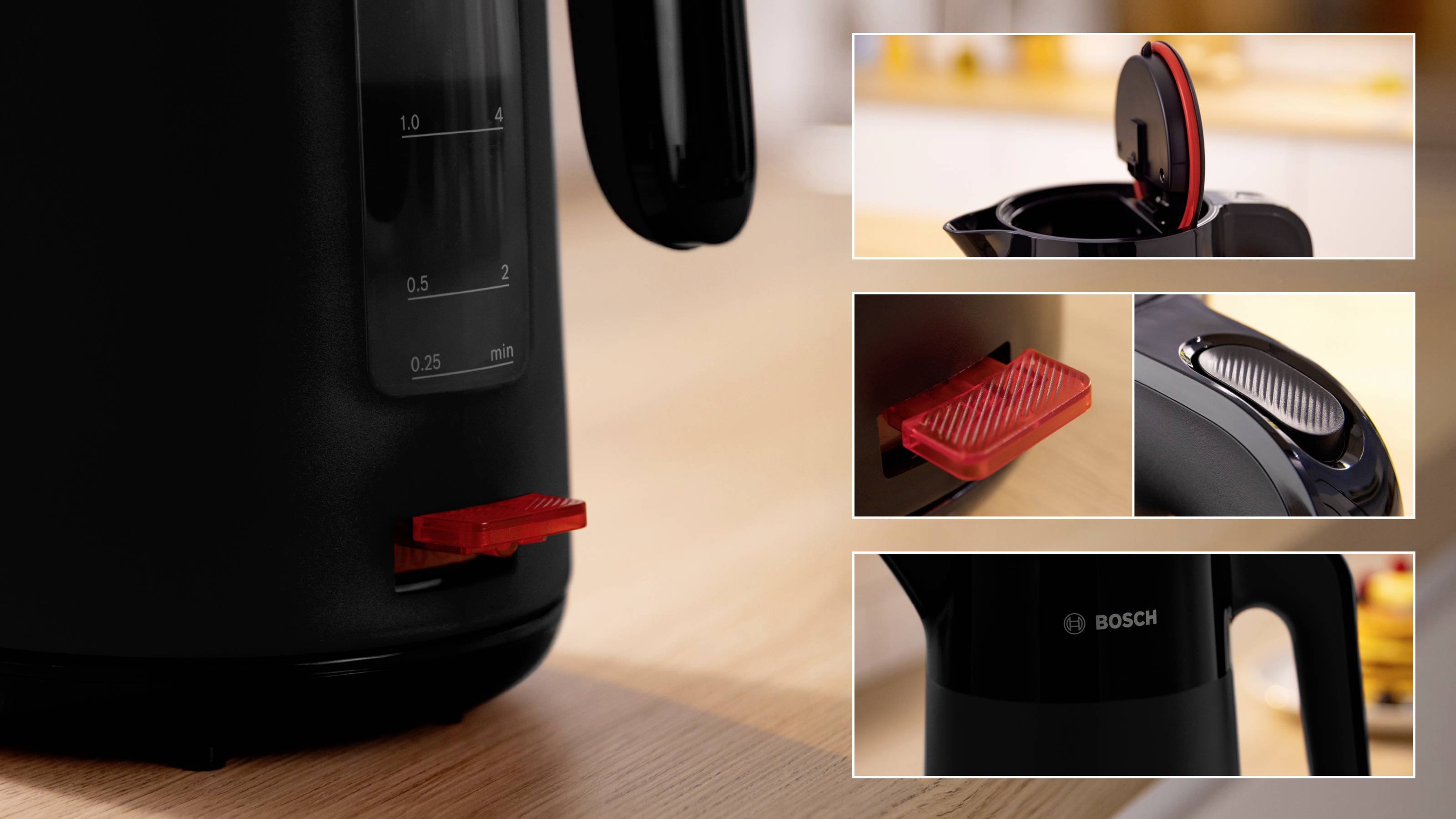 Ein schwarzer Bosch-Wasserkocher mit Nahaufnahmen des Wasserstands, des roten Netzschalters, der Deckelöffnung und des Ausgusssiebs.