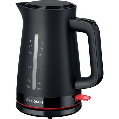 Ein schwarzer elektrischer Wasserkocher mit einem roten Schalter, der Wasserstände von 0,25 bis 1,7 Litern anzeigt und am Fuß mit der Marke 'BOSCH' versehen ist.