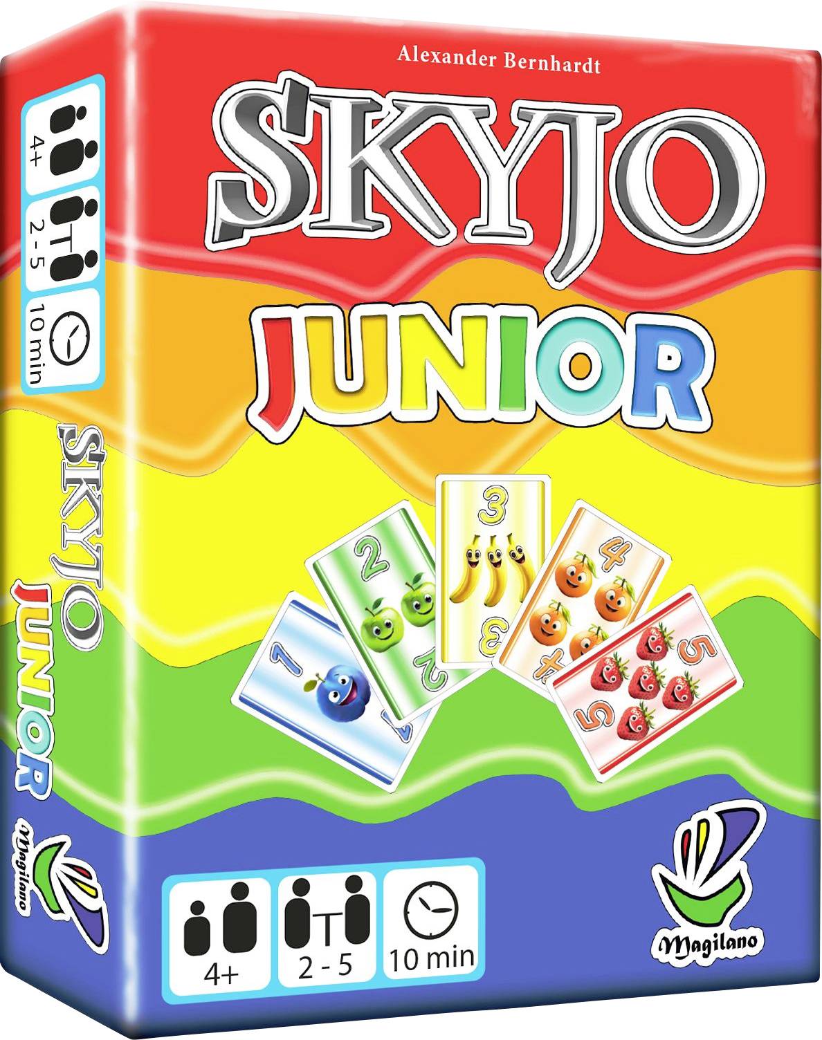 'Skyjo Junior' Kartenspiel, bunte Gestaltung mit Regenbogenstreifen, geeignet für Kinder ab 4 Jahren, 2-5 Spieler, Spielzeit ca. 10 Minuten.
