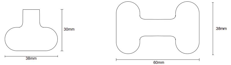 Zwei Formen mit Abmessungen: linke Form ist 38 mm breit und 30 mm hoch, rechte Form ist 60 mm breit und 38 mm hoch.