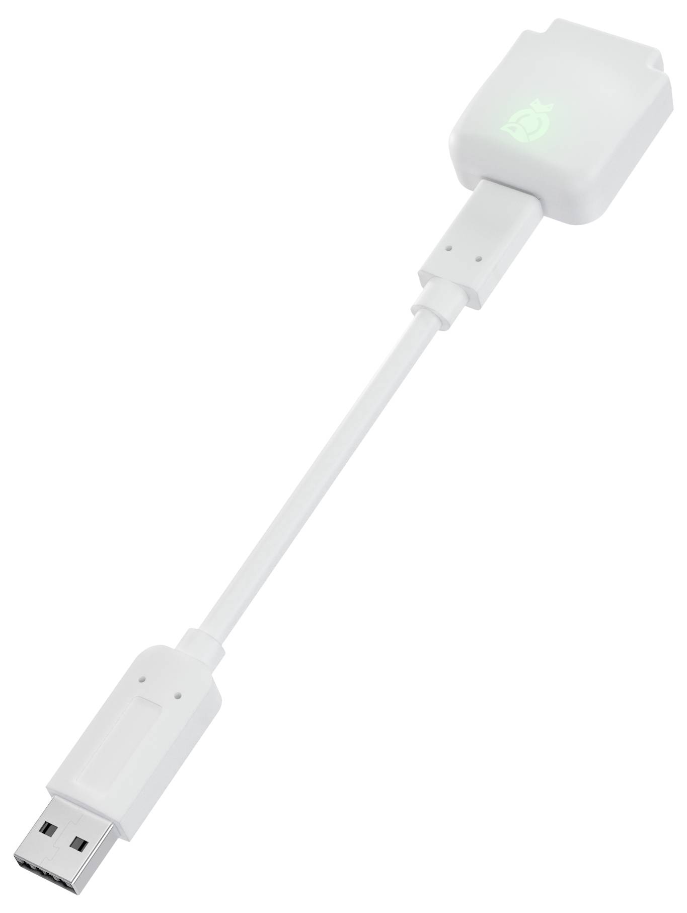 Ein weißer USB-zu-Ethernet-Adapter mit einem leuchtenden grünen Symbol, der zum Anschluss von Geräten an ein kabelgebundenes Netzwerk verwendet wird.