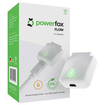 'Powerfox Flow' Verpackung und Gerät für Gaszähler. Box zeigt Produkt, App-Konnektivitätshinweis und Betonung der Energieeffizienz.