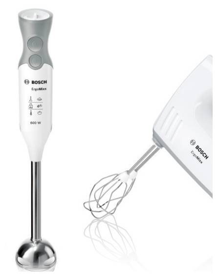 Ein Bosch ErgoMixx Stabmixer und ein Bosch Handmixer mit Schneebesen werden nebeneinander präsentiert, wobei ihre ergonomischen Designs hervorgehoben werden.