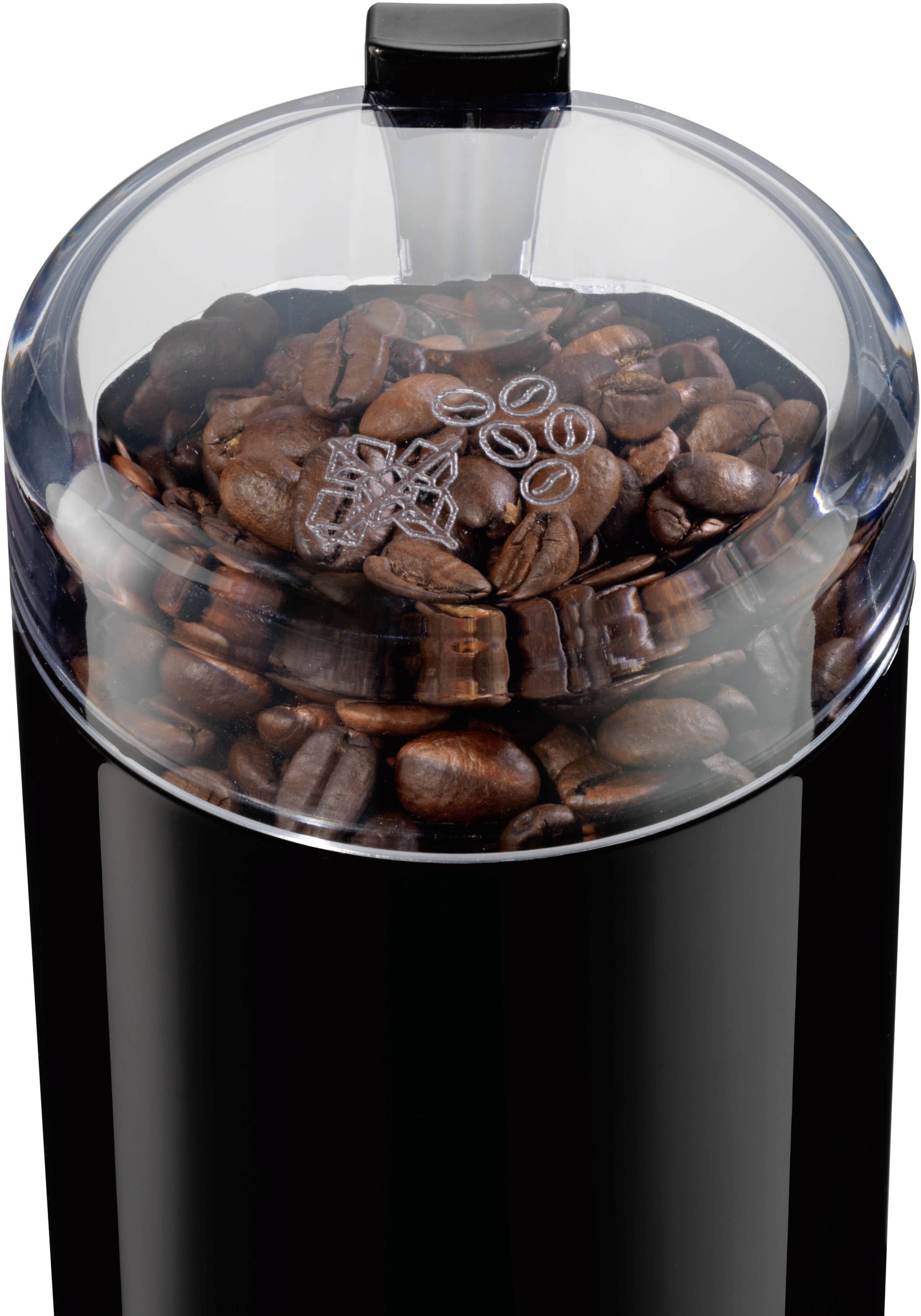 'Kaffeemühle mit durchsichtigem Deckel zeigt Kaffeebohnen im Inneren, bereit zum Mahlen.'