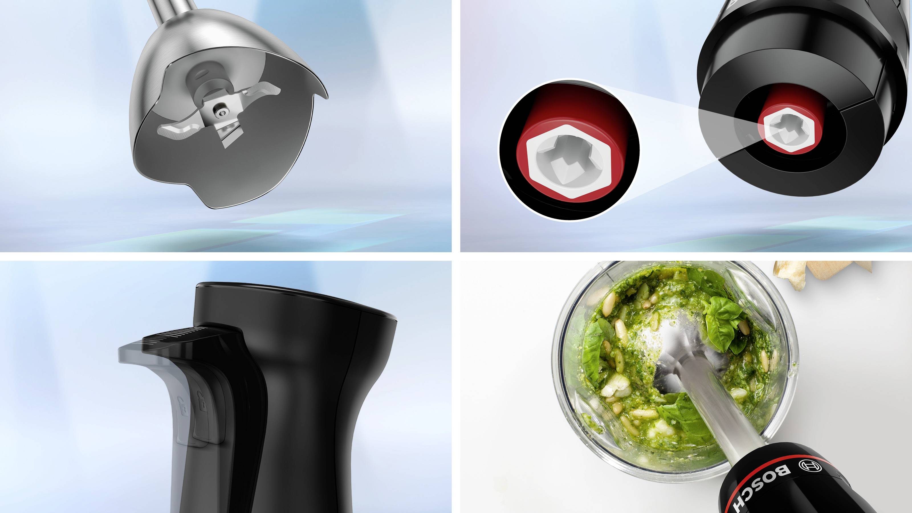 'Collage eines Standmixers mit Details seiner Klinge, Easy-Click-System, ergonomischem Griff und einer Schüssel, in der Nüsse und Grünes püriert werden.'