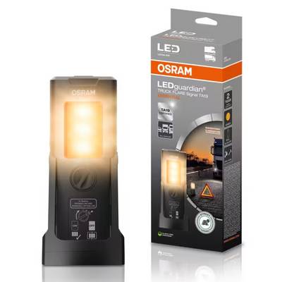 OSRAM LEDguardian TRUCK FLARE Signal TA19 Verpackung und Produkt. Zeigt ein rechteckiges Lichtgerät mit orangefarbener Beleuchtung neben seiner Verpackung.