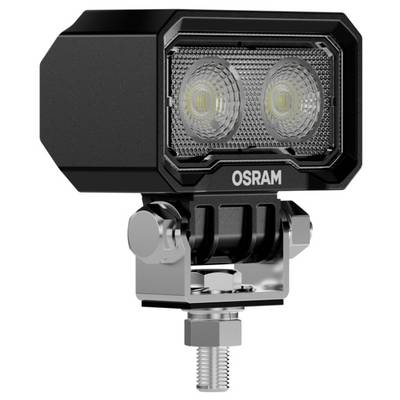 Eine schwarze und silberne OSRAM LED-Arbeitsleuchte mit zwei Linsen, montiert auf einem verstellbaren Halterung.