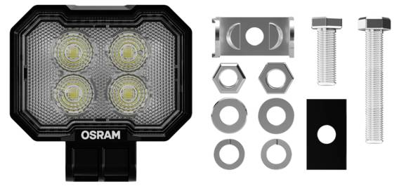 OSRAM LED-Licht mit vier runden Glühbirnen, inklusive Befestigungsmaterial wie Schrauben, Muttern, Unterlegscheiben und Halterungen.